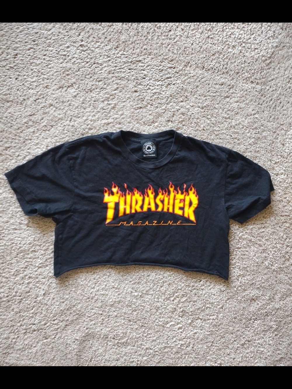 Thrasher Women's Black Cropped Tee with Yellow-Orange Flame Logo